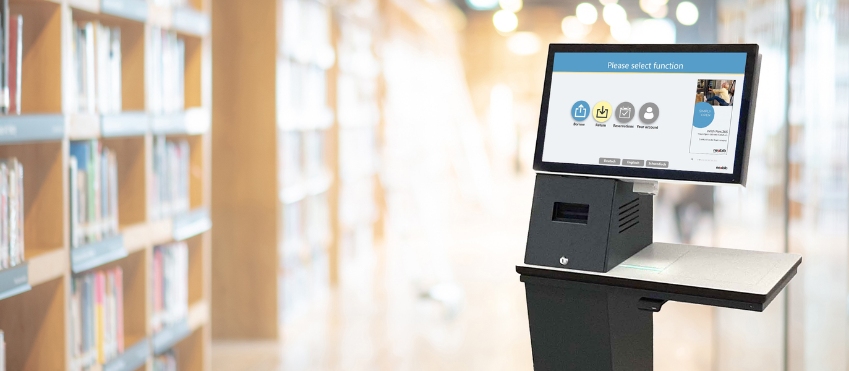 Illustration depicting a self-checkout kiosk empowered by RFID technology, contributing to an enhanced patron experience