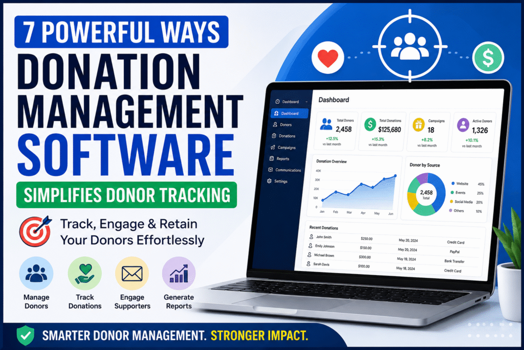 Donation Management Software dashboard showing donor tracking, donation analytics, donor engagement, fundraising reports, and nonprofit management features.
