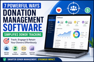 Donation Management Software dashboard showing donor tracking, donation analytics, donor engagement, fundraising reports, and nonprofit management features.